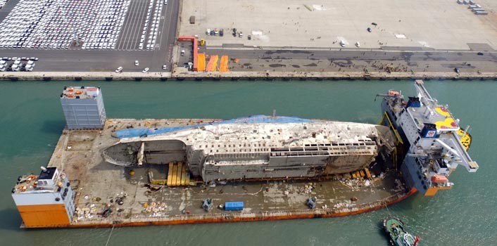 Inician en Corea del Sur traslado final del ferri Sewol a tierra firme