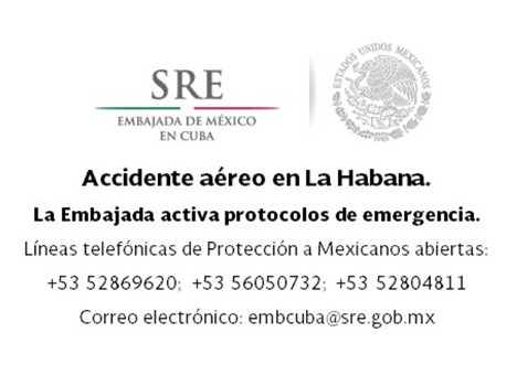 Embajada de México en Cuba activa protocolo de emergencia tras accidente aéreo