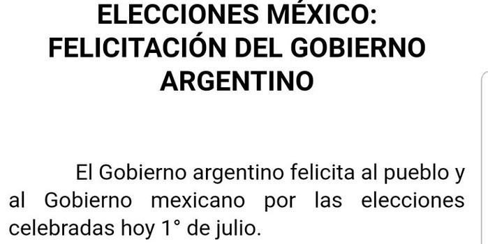 Felicita gobierno argentino triunfo de López Obrador