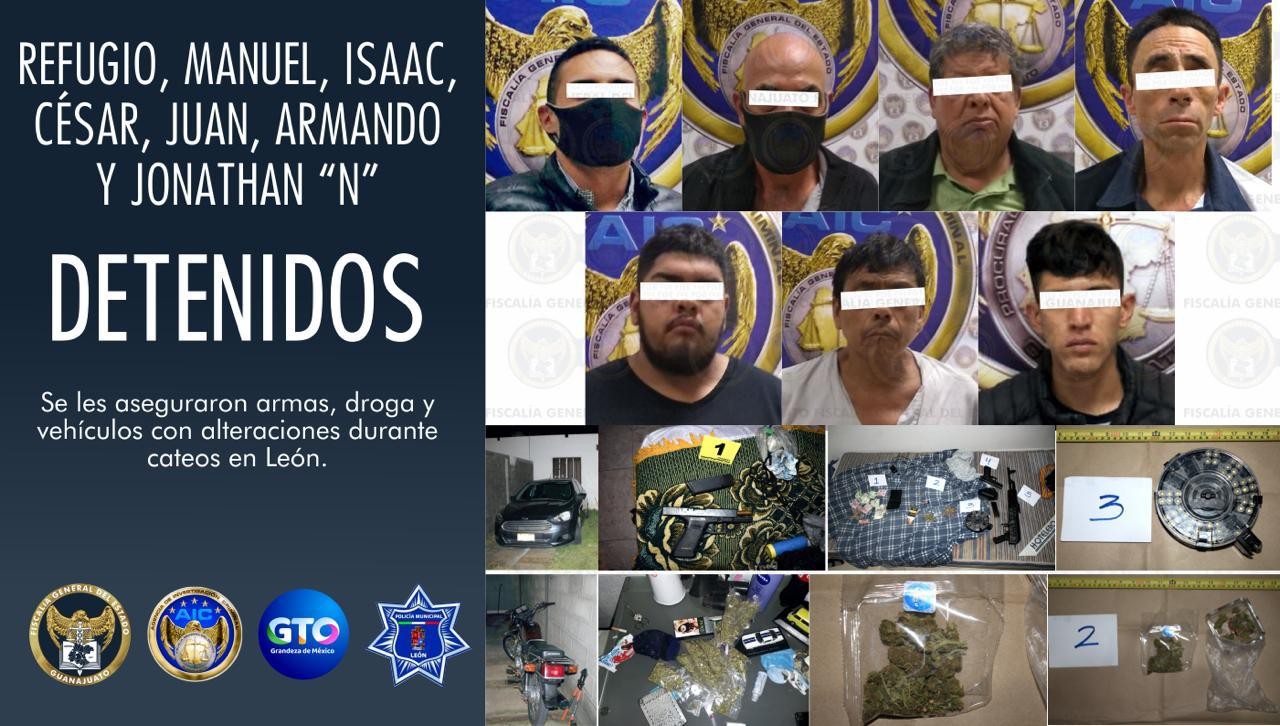 Detienen a ocho personas y aseguran armas, drogas y vehículos durante cateo