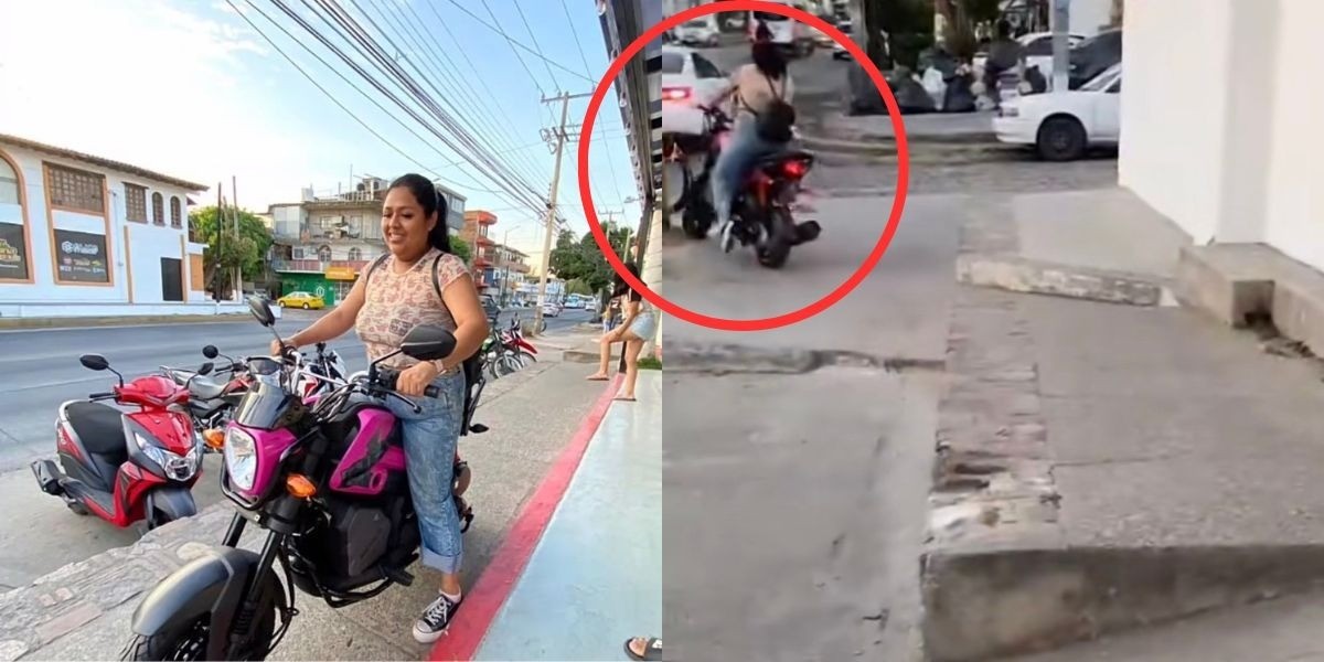 ¡Mujer cae de su motocicleta nueva saliendo de la agencia!