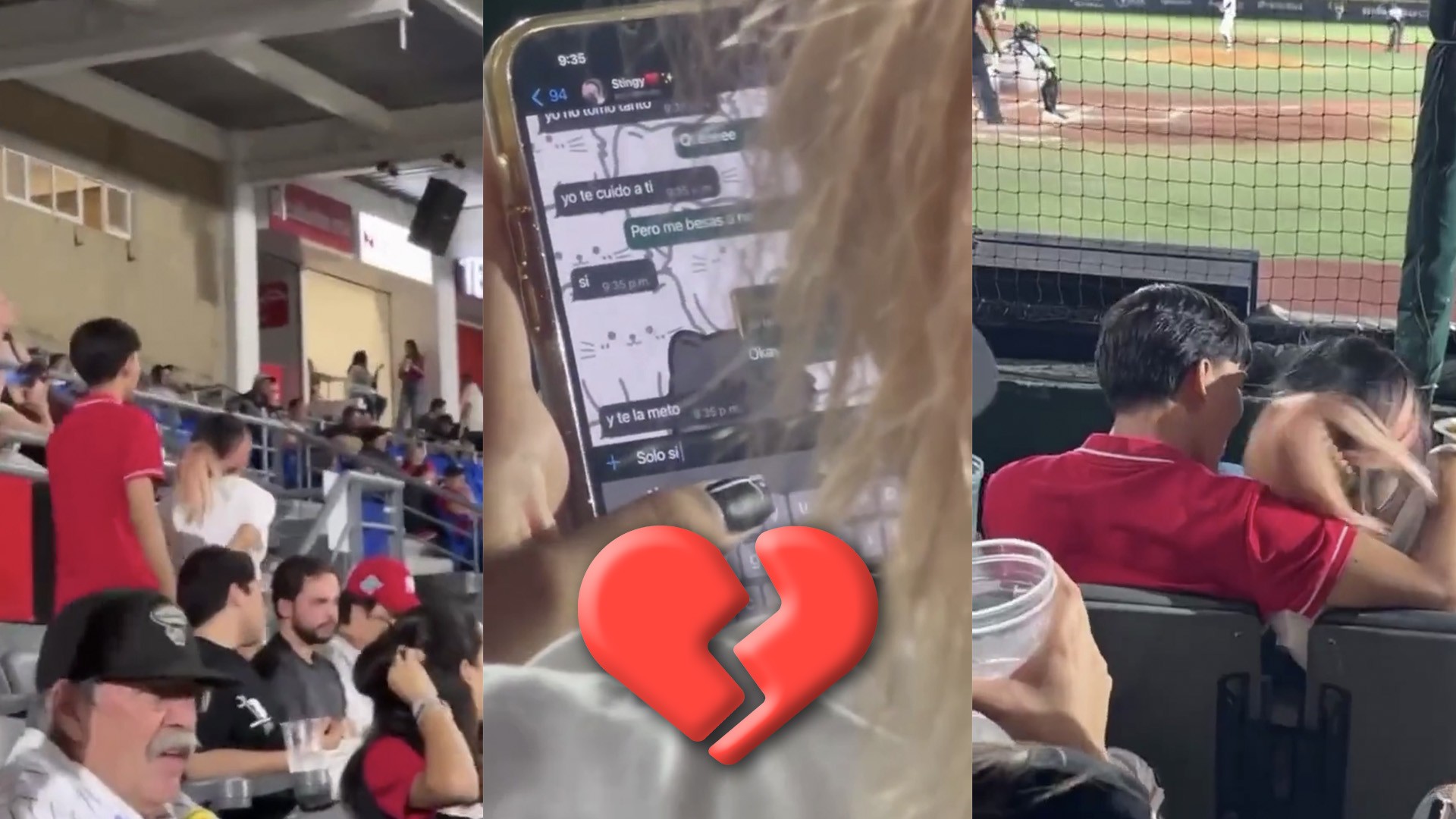 Pareja sorprendida: joven envía mensajes a su amante en pleno juego de béisbol