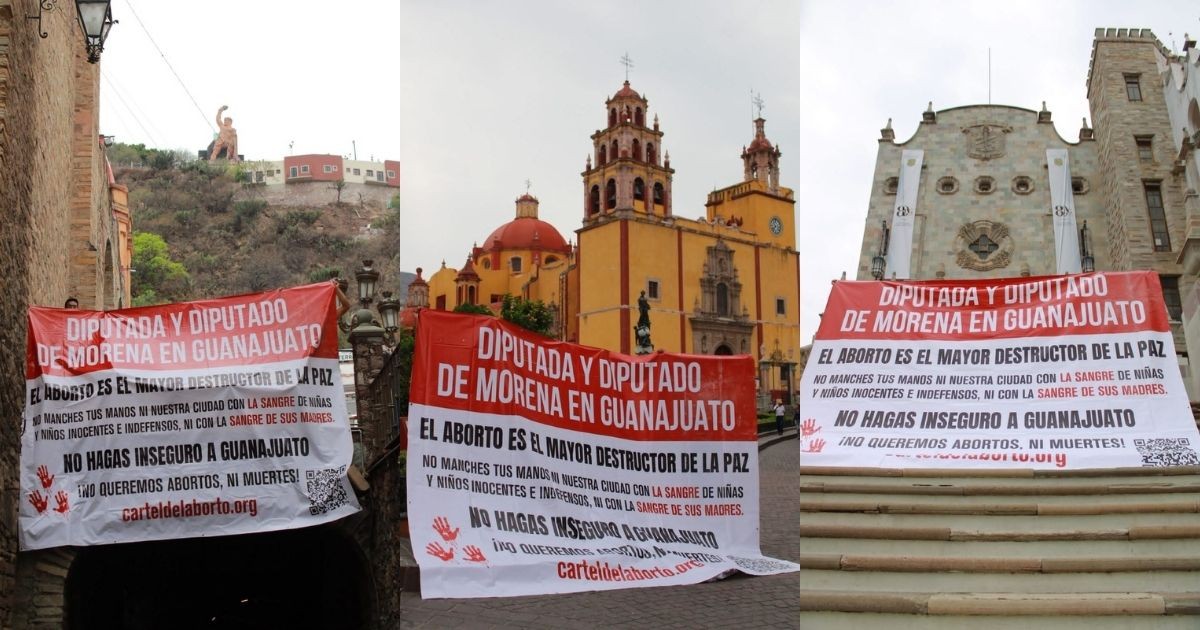 Cártel del Aborto deja mantas en sitios clave de Guanajuato capital