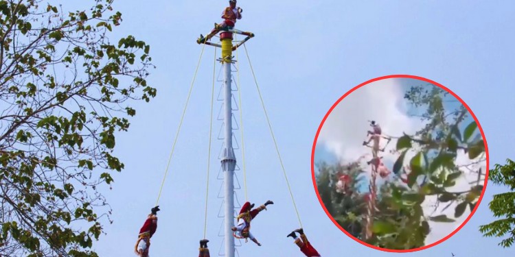 Cinco Voladores de Papantla caen desde 10 metros al partirse poste en Veracruz