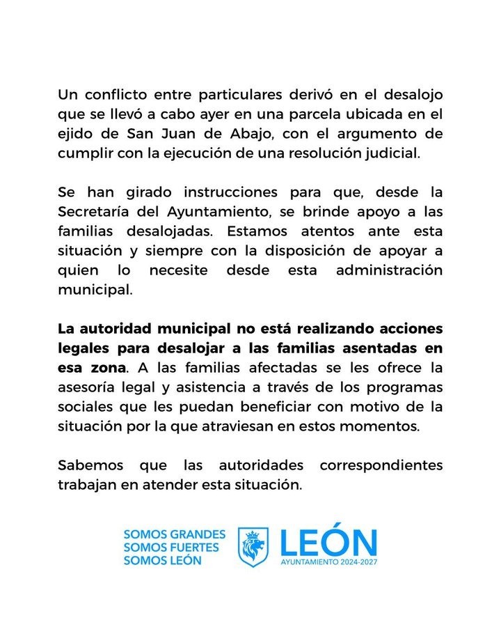Desalojo en ejido de San Juan de Abajo provoca conflicto; Municipio de León ofrece apoyo a familias