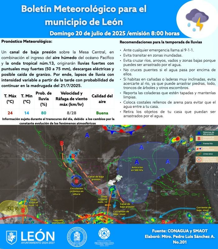 Lluvias intensas, granizo y tormentas eléctricas azotarán León este 20 de julio