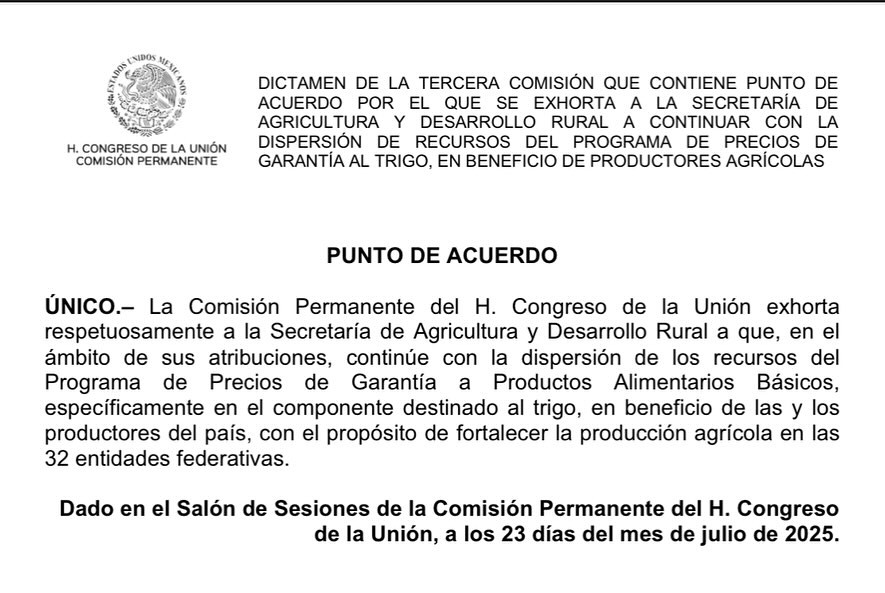 Aprueban exhorto para que SADER pague 411 mdp a trigueros de Guanajuato