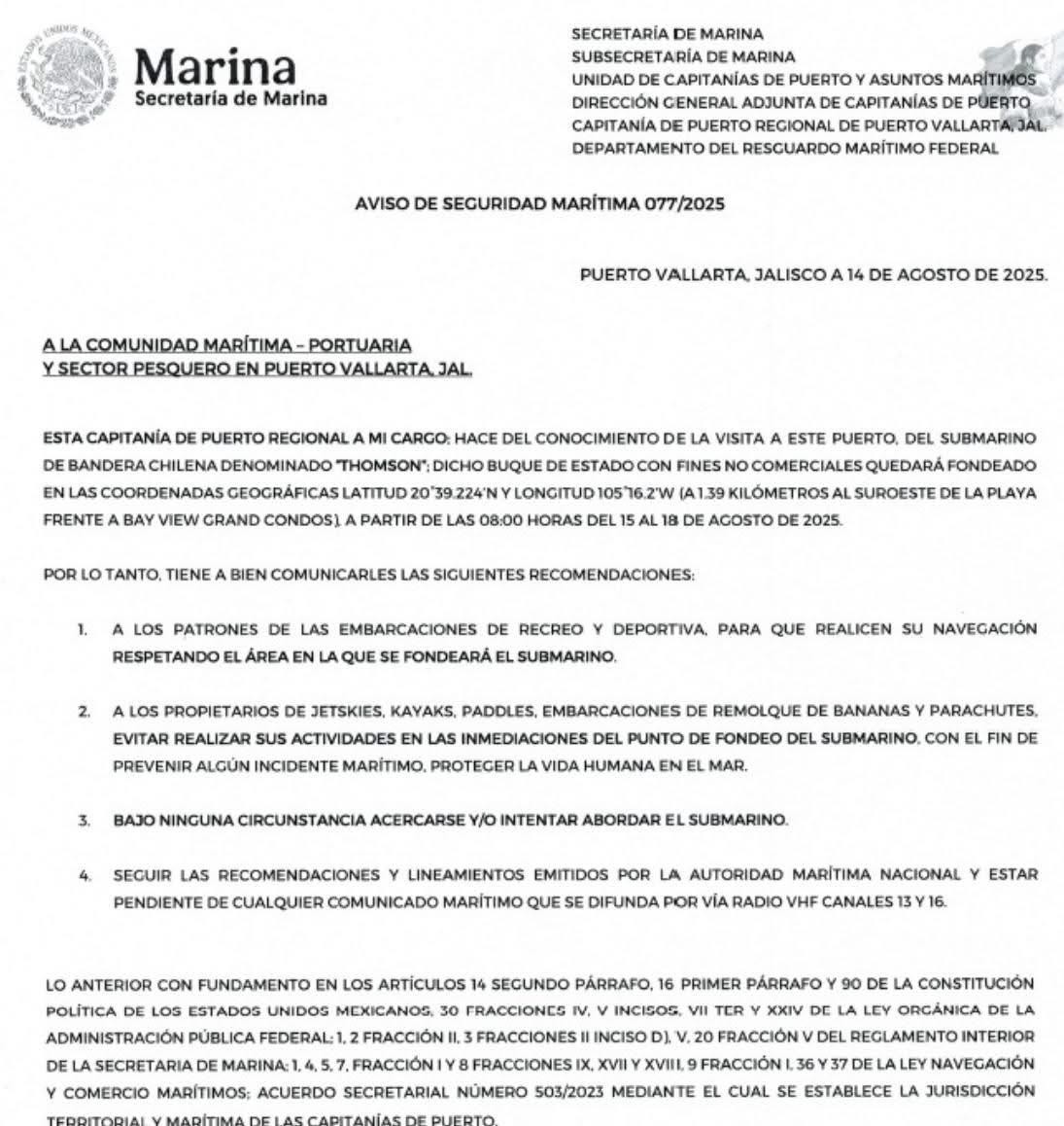 Misterioso visitante: Submarino chileno sorprende a turistas en Puerto Vallarta Misterioso visitante: Submarino chileno sorprende a turistas en Puerto Vallarta