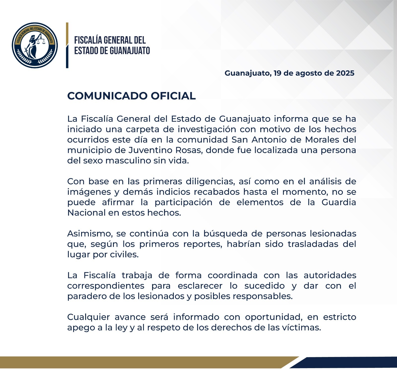 FGE aún no confirma participación de Guardia Nacional en homicidio de menor en Juventino Rosas 