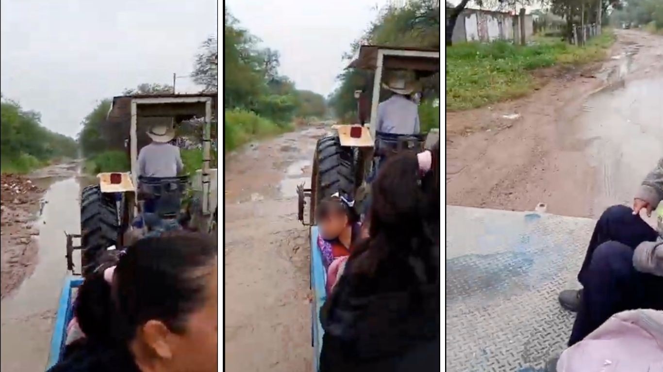 Vecino de Los Sauces usa su tractor para llevar niños a la escuela entre lodazales