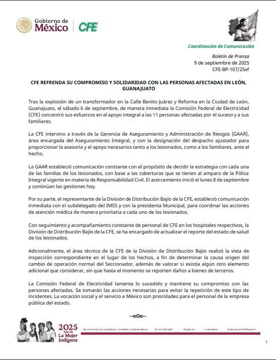 CFE cubrirá gastos médicos de víctimas tras explosión en León CFE cubrirá gastos médicos de víctimas tras explosión en León