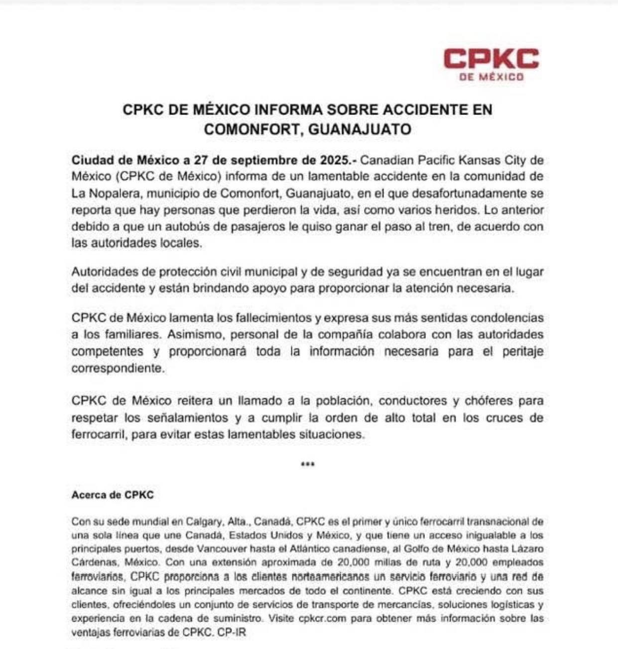 CPKC responsabiliza a chofer que intentó ganarle al tren en accidente mortal en Comonfort