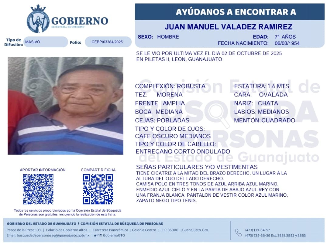 Desaparece Juan Manuel Valadez en León; buscan al adulto mayor visto por última vez en la colonia Piletas