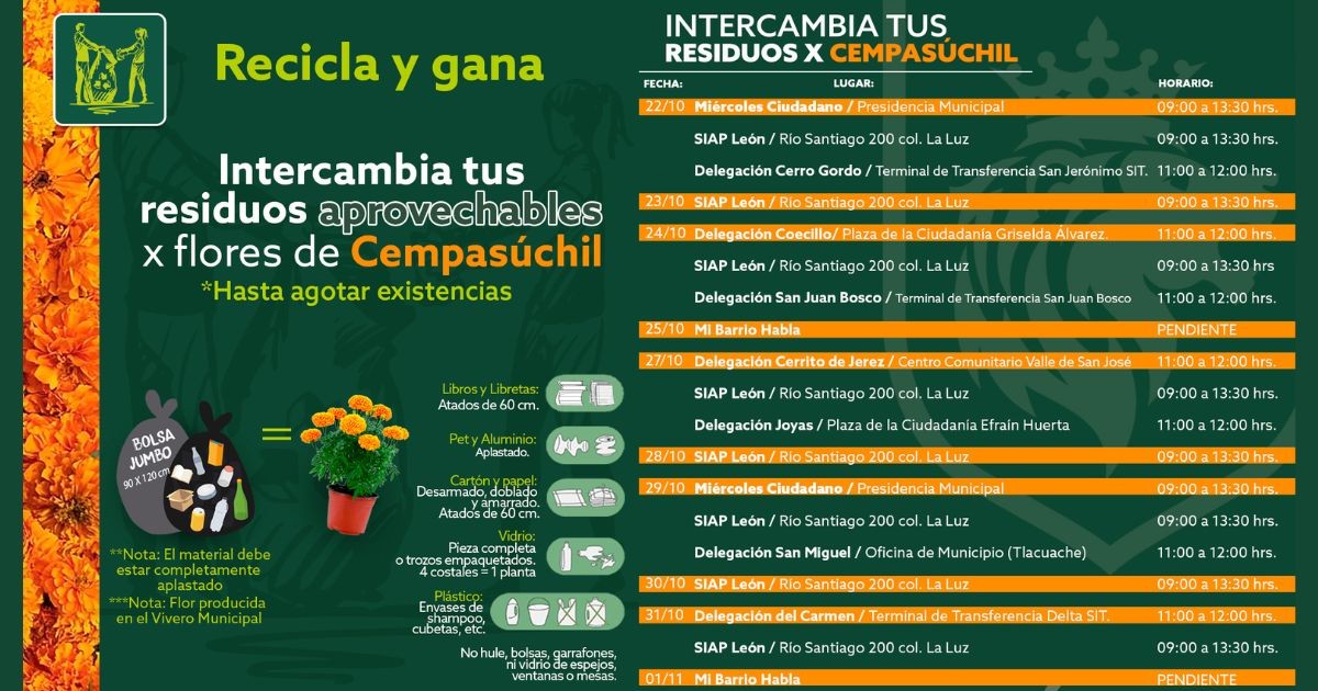 Fechas, horarios y ubicaciones para el canje de residuos por flores de cempasúchil en León: