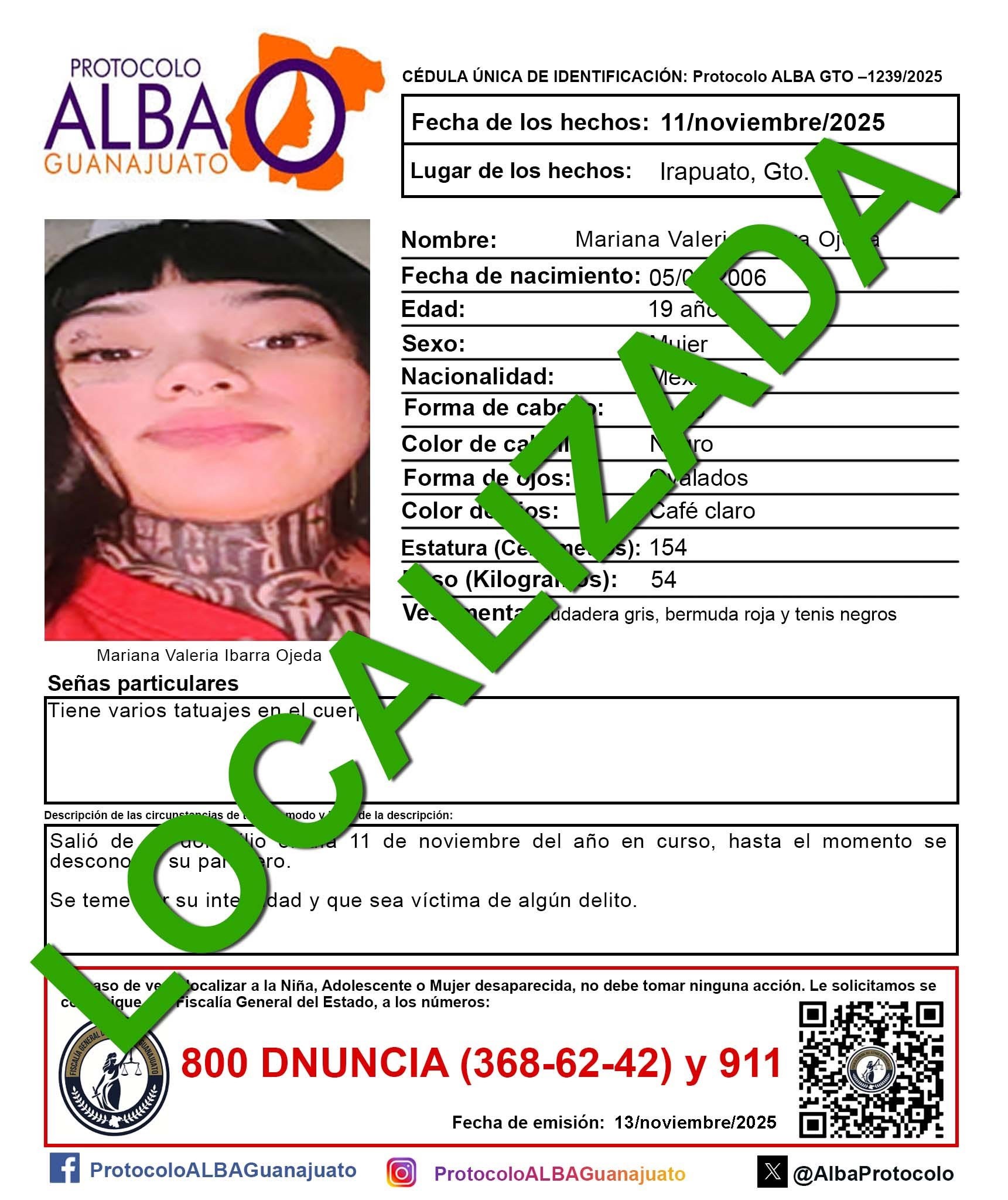 Localizan con vida a Mariana Valeria Ibarra en Irapuato tras dos días de búsqueda Localizan con vida a Mariana Valeria Ibarra en Irapuato tras dos días de búsqueda