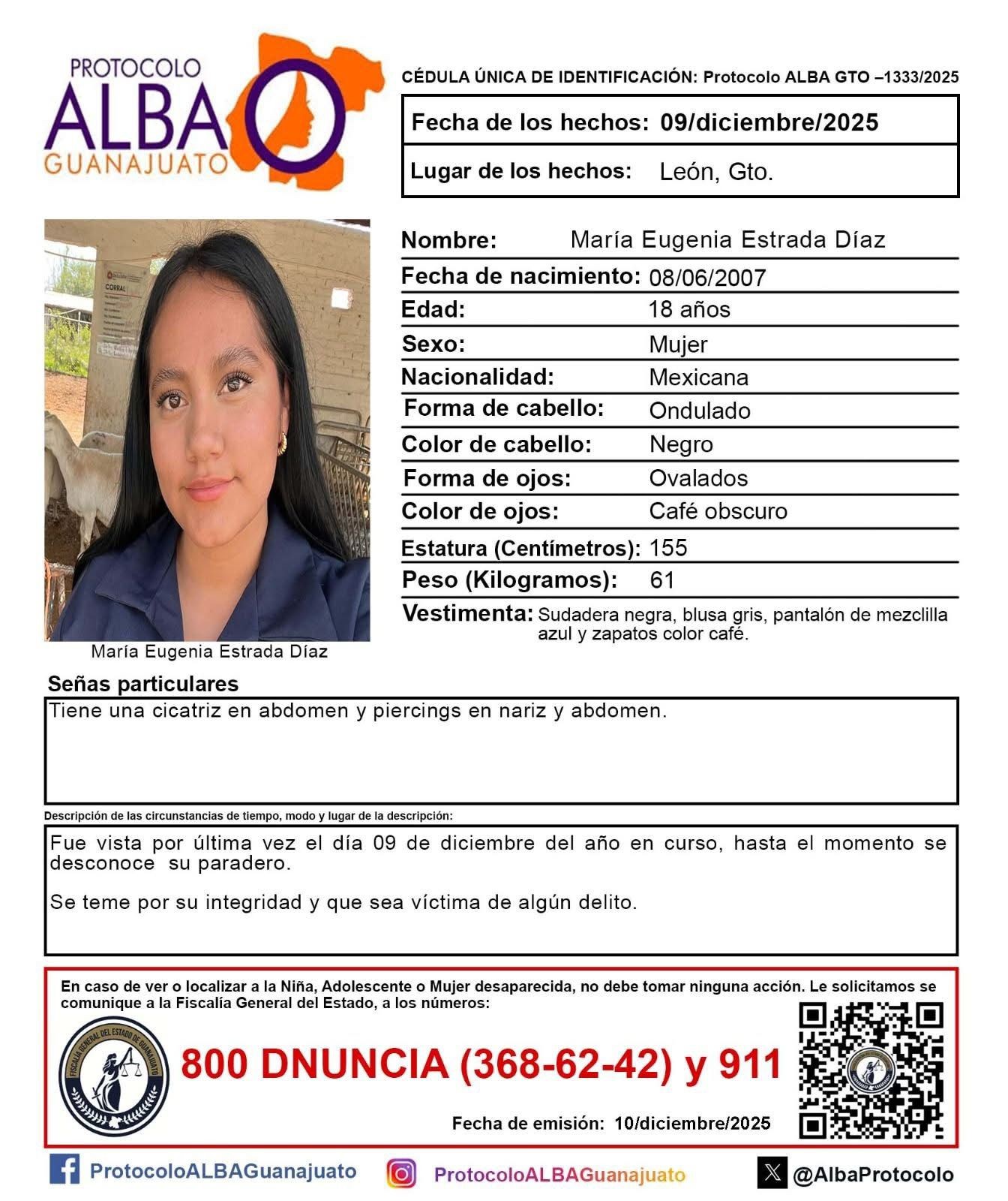 Desaparece María Eugenia, joven estudiante de León; su familia teme por su seguridad Desaparece María Eugenia, joven estudiante de León; su familia teme por su seguridad