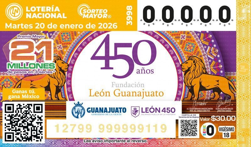 Billete de la Lotería Nacional conmemora los 450 años de la fundación de León, Guanajuato