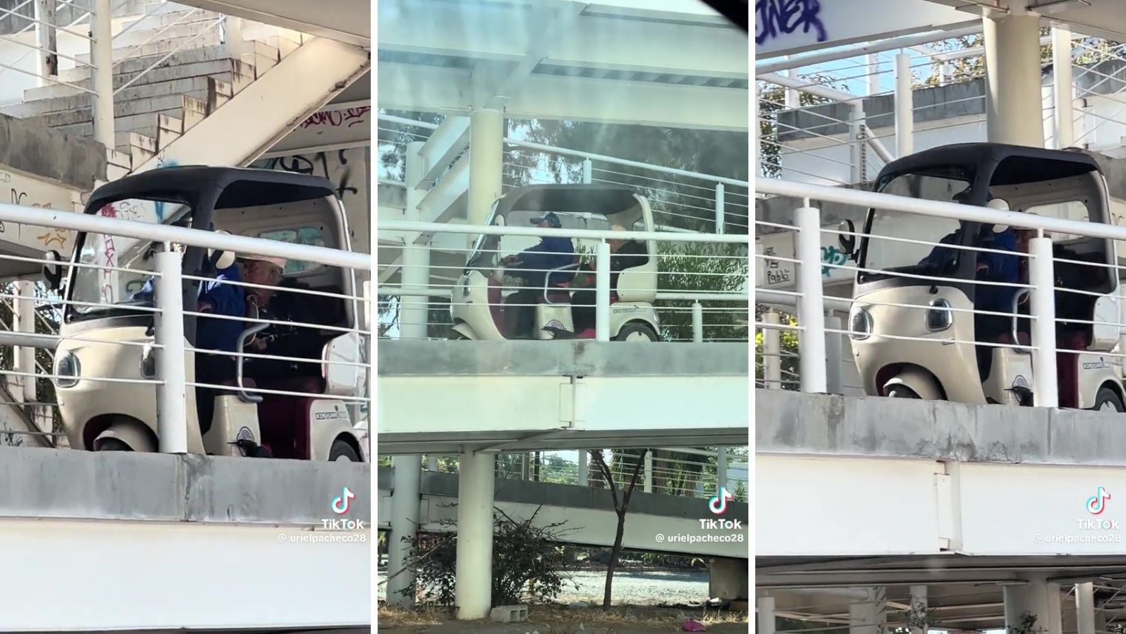 Abuelitos de León se viralizan por cruzar puente peatonal en triciclo eléctrico