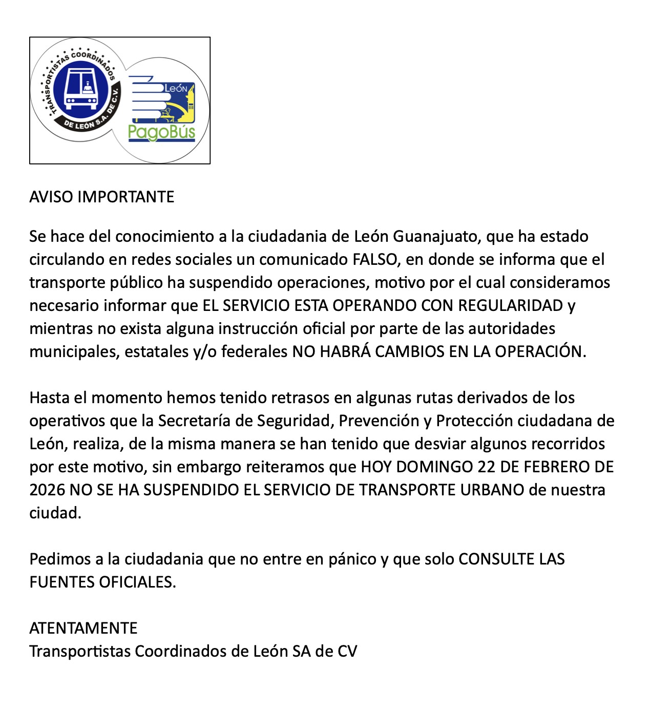 Comunicado de Transportistas Coordinados de León