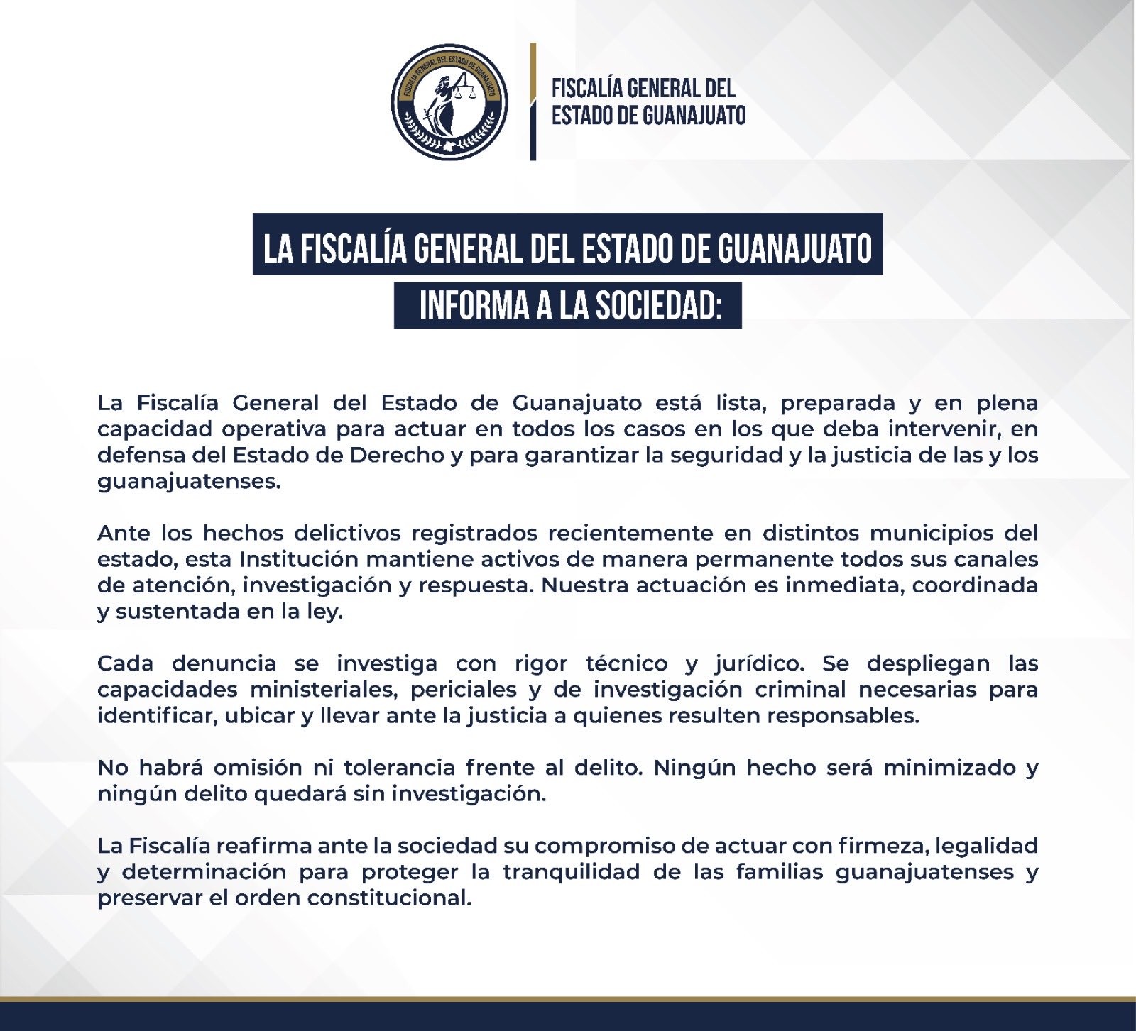 Fiscalía de Guanajuato se declara en capacidad operativa ante hechos delictivos Fiscalía de Guanajuato se declara en capacidad operativa ante hechos delictivos