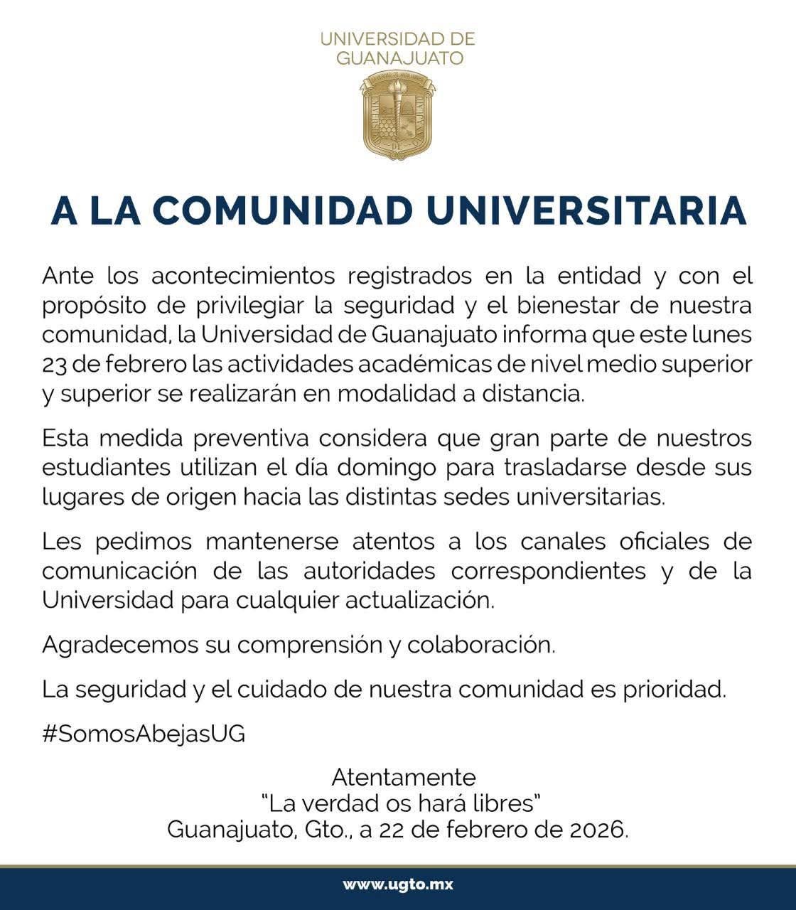 Universidad de Guanajuato migra a clases virtuales este lunes 23 de febrero