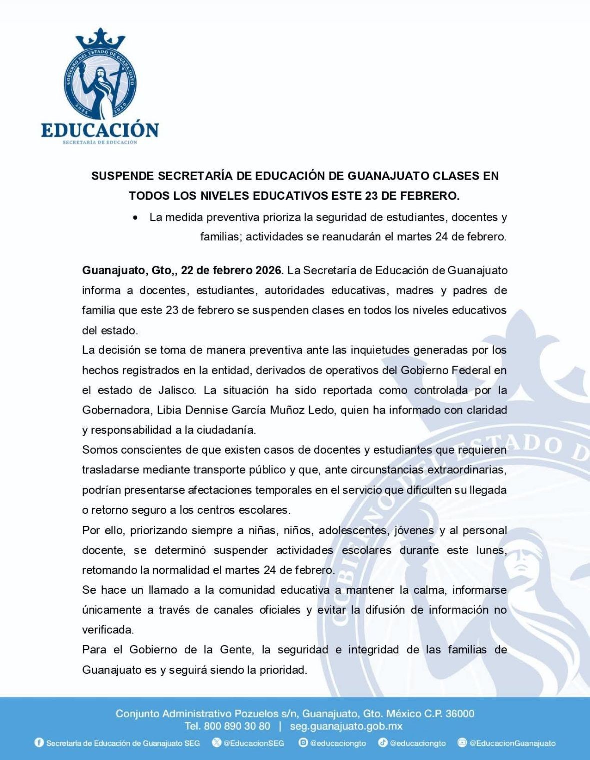 Gobernadora de Guanajuato anuncia suspensión de clases en todos los niveles educativos del estado Gobernadora de Guanajuato anuncia suspensión de clases en todos los niveles educativos del estado