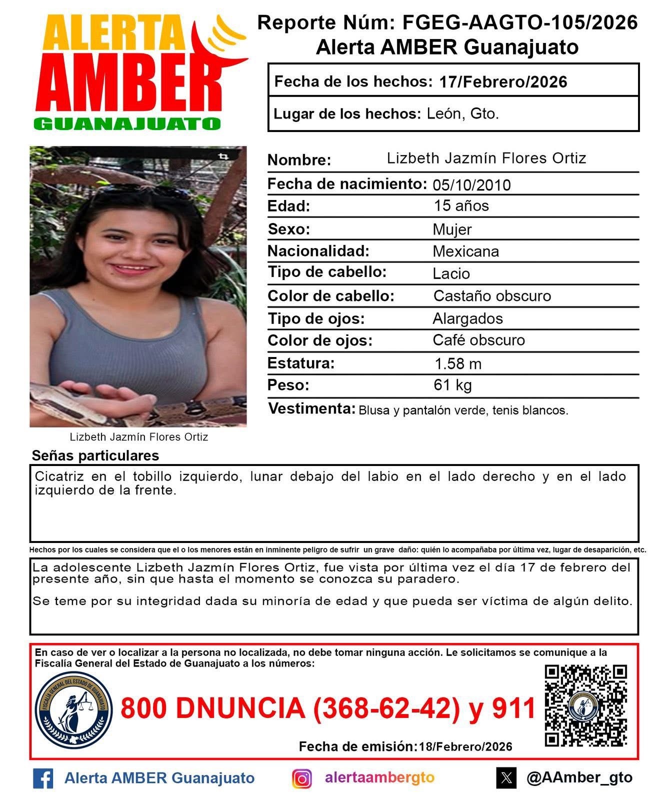 Desaparece Lizbeth Jazmín Flores Ortiz en León: activan Alerta Amber por menor de 15 años Desaparece Lizbeth Jazmín Flores Ortiz en León: activan Alerta Amber por menor de 15 años