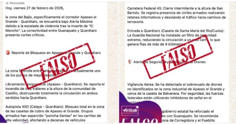 Es falso supuesto mensaje que advierte bloqueos en Apaseo El Grande y Celaya