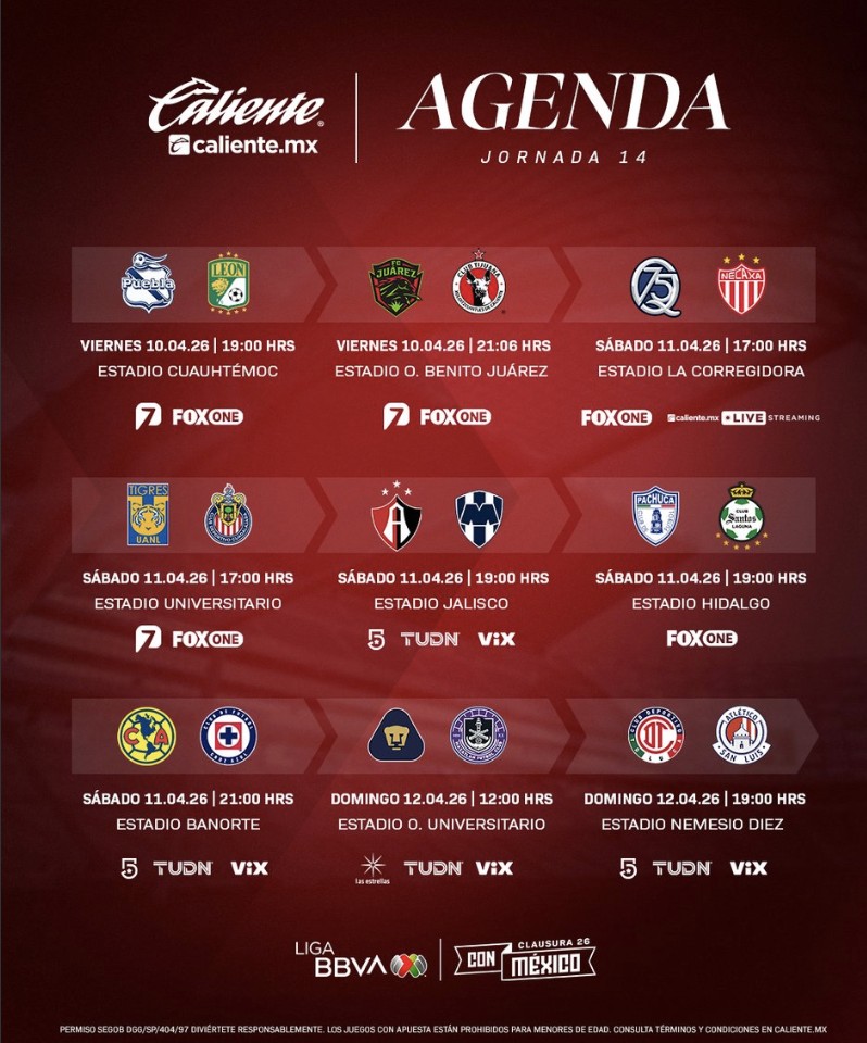 Con la liguilla en la mira, la Jornada 14 del Clausura 2026 presenta duelos clave; aquí te decimos los horarios y dónde ver cada partido. Con la liguilla en la mira, la Jornada 14 del Clausura 2026 presenta duelos clave; aquí te decimos los horarios y dónde ver cada partido.