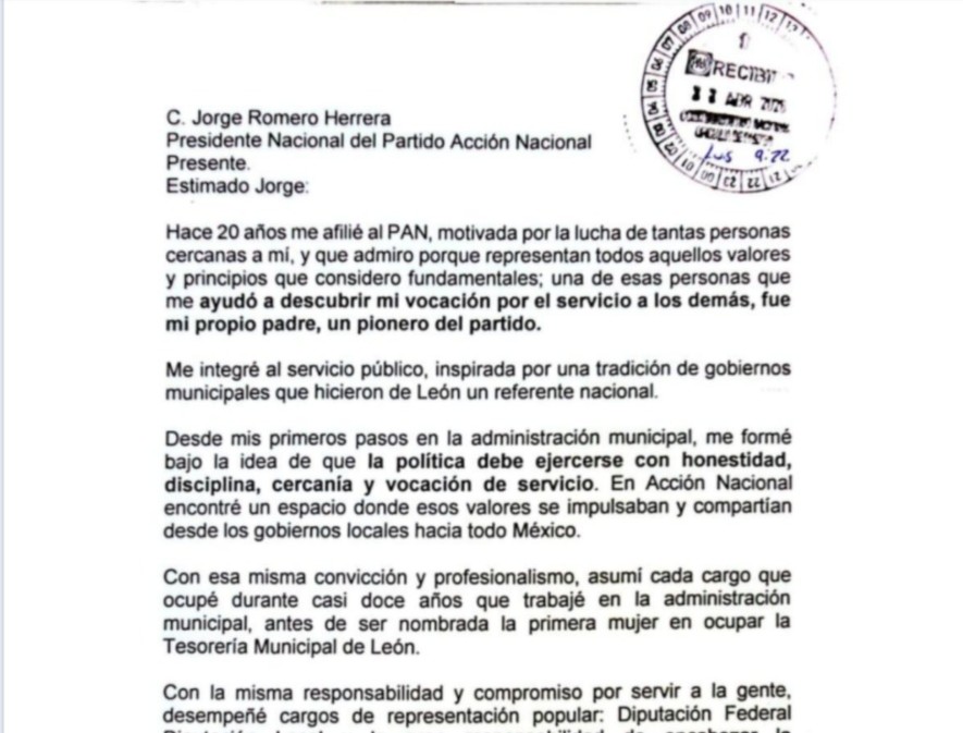 Carta íntegra de renuncia al PAN de Alejandra Gutiérrez Campos