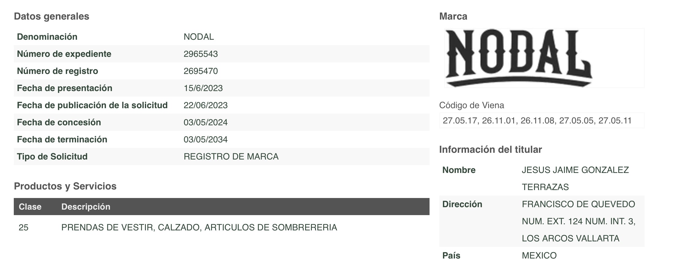 Registro en Instituto Mexicano de la Propiedad Industrial de la marca “Nodal“