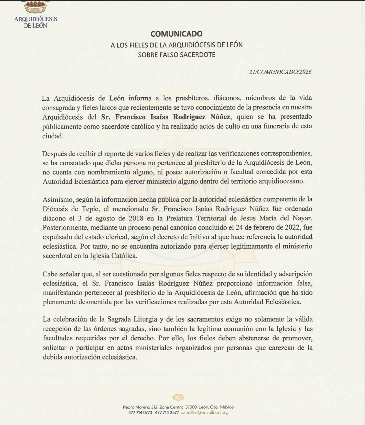 Arquidiócesis de León alerta sobre falso sacerdote que oficiaba en funerarias