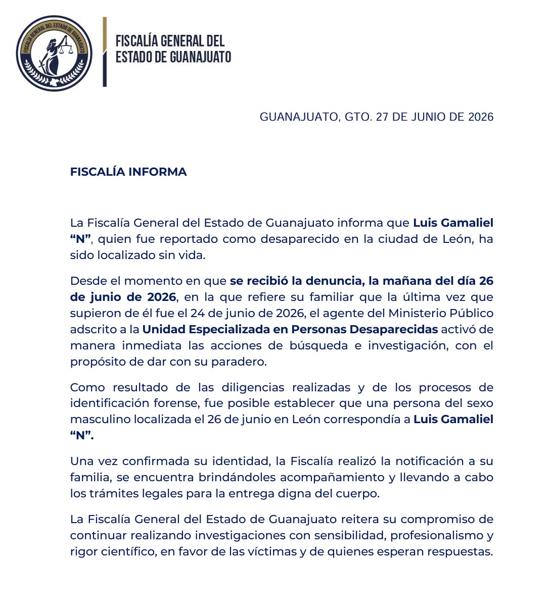 Fiscalía notifica a familiares el hallazgo sin vida de Luis Gamaliel