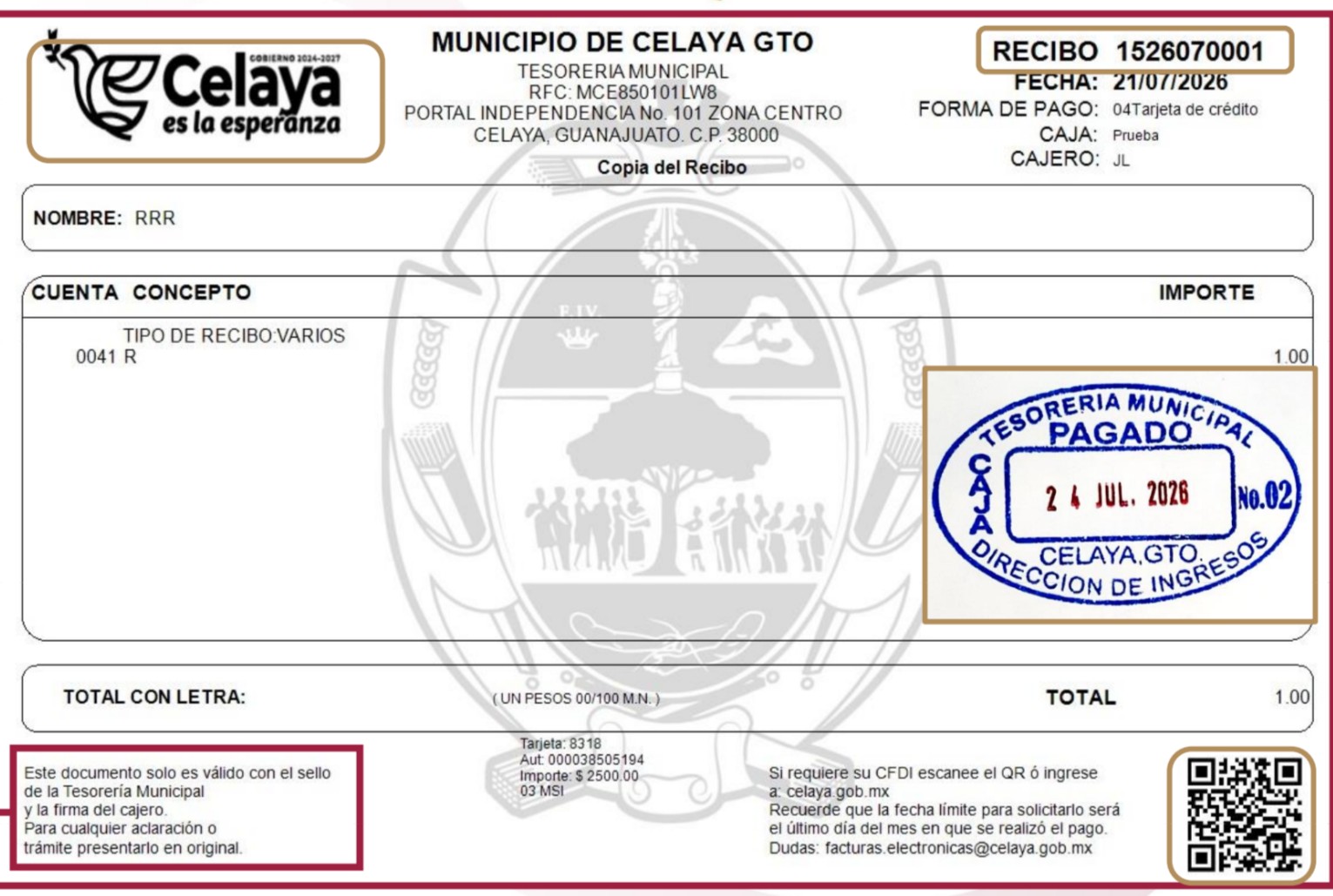 Alerta Tesorería de Celaya por recibos falsos para el cobro de servicios municipales