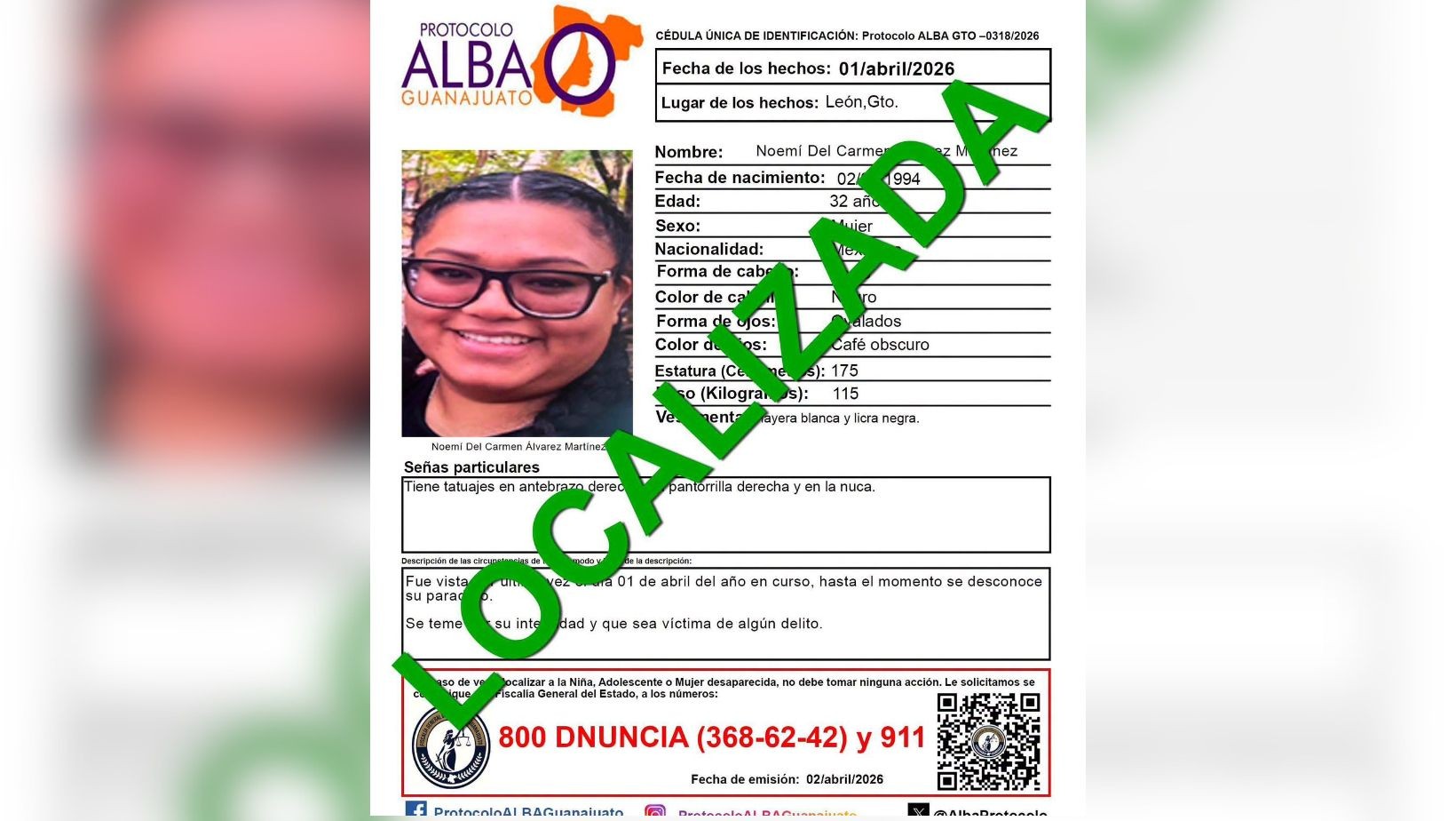 Localizan con vida a Noemí del Carmen Álvarez en León