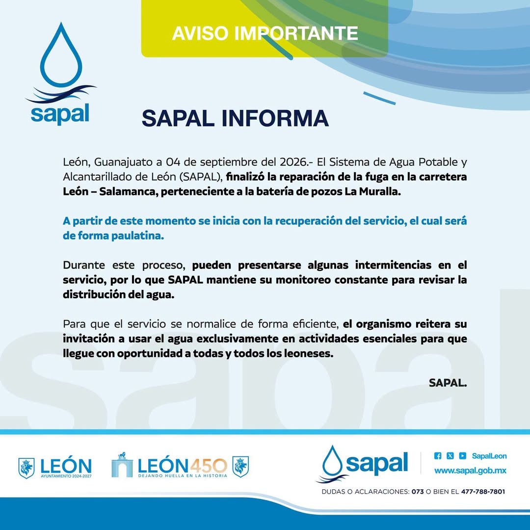 SAPAL repara fuga en León y restablece agua en 200 colonias SAPAL repara fuga en León y restablece agua en 200 colonias