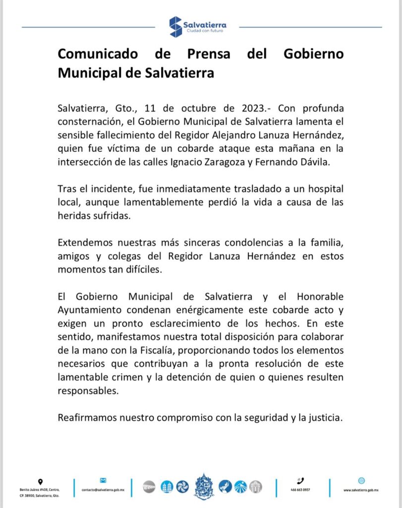 Asesinan a balazos a Alejandro Lanuza, regidor de Salvatierra y hermano de exalcaldesa