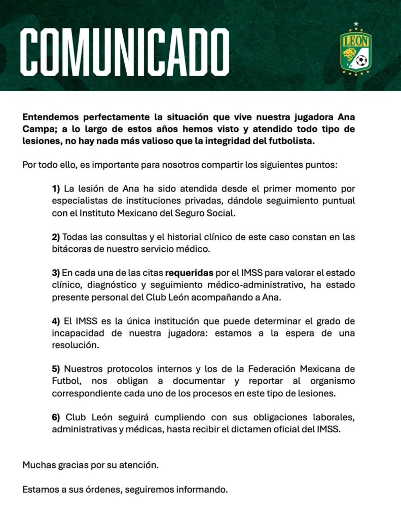 Denuncia jugadora del Club León falta de apoyo tras lesión