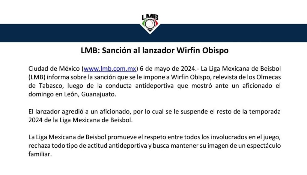 Suspenden a Wirfin Obispo por golpear a un aficionado en León