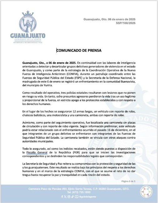 Ataque deja a ocho elementos de las FSPE heridos en Yuriria