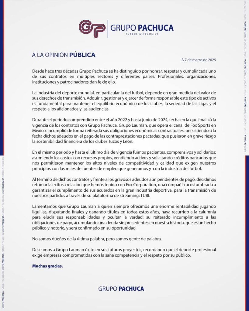 "No somos dueños de la última palabra, pero somos gente de palabra": Grupo Pachuca responde a Grupo Lauman 