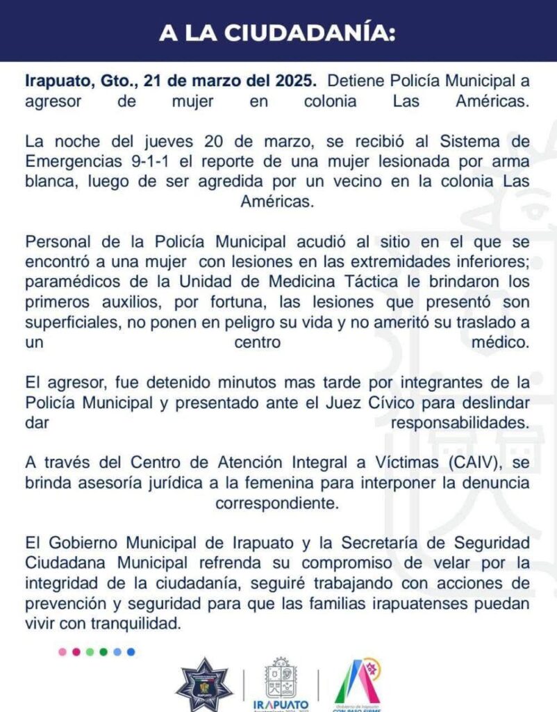 Detienen a hombre que atacó con un cuchillo a una mujer en Irapuato