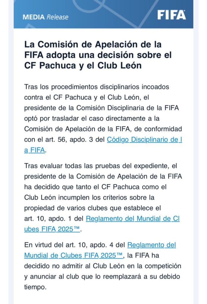 León queda fuera del Mundial de Clubes