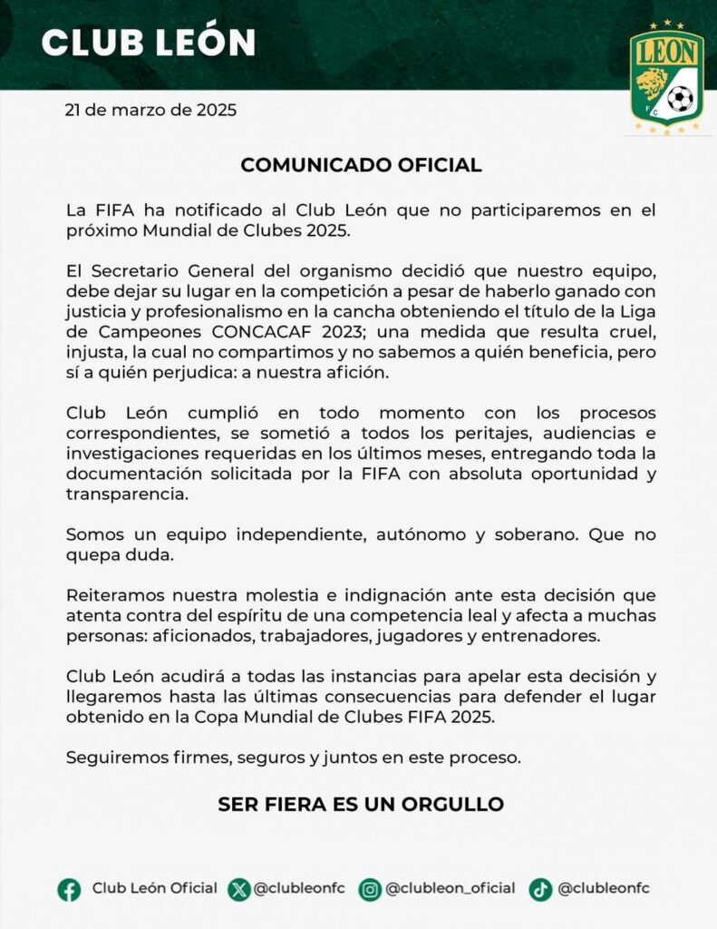 "Una medida cruel e injusta"; León fija su postura tras exclusión del Mundial de Clubes
