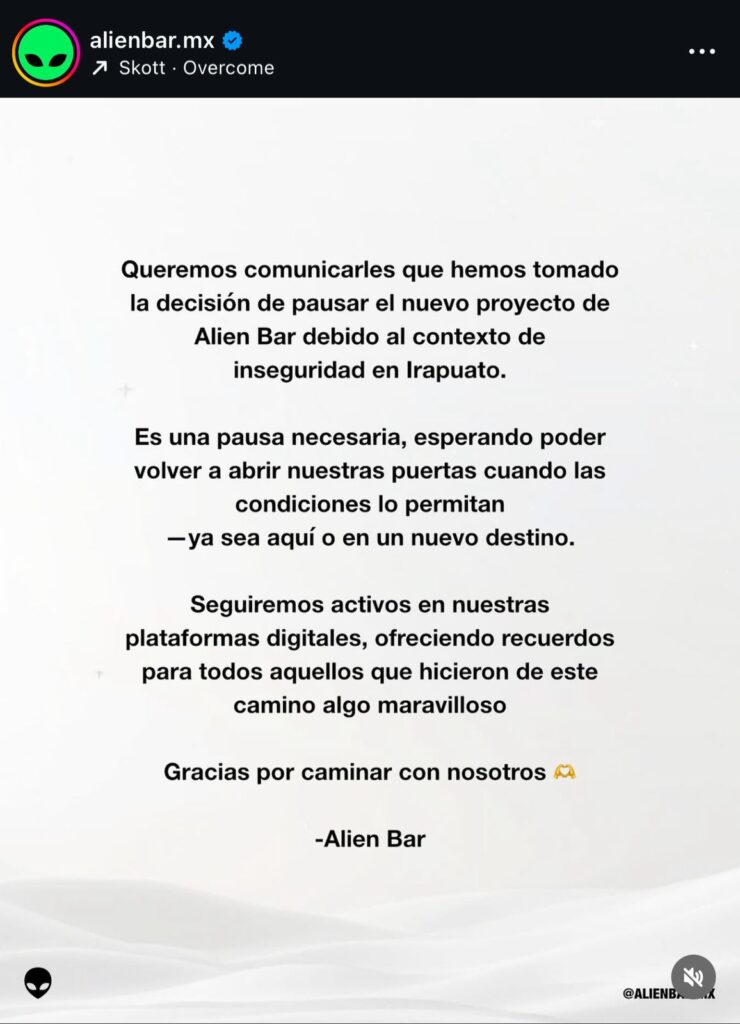 Cierra ‘Alien Bar’ en Irapuato “debido al contexto de inseguridad”