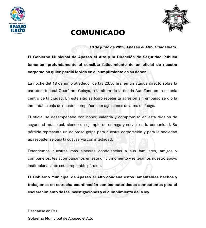 Muere policía municipal en emboscada criminal en Apaseo el Alto